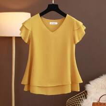 2026 nueva blusa de verano para mujer, camisa holgada de gasa con cuello en V, blusa de manga corta para mujer, camisas de gran tamaño, tops y blusas para mujer - verde esmeralda - Ver 3