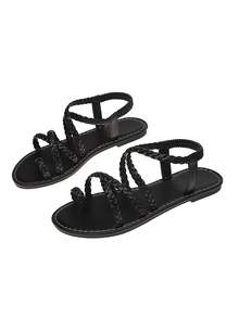 New Casual Cross-Woven Strap Flat Sandals, Vacation Style, Beach Stroll, Outdoor Play, Campus Casual, Black Sandals, Rustic Brown Sandals, Pure White Sandals - Black - View 6