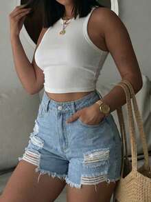Damen Sommer Strand Urlaub lässig Destroyed Fransensaum Sexy Figurbetonter Jeans Shorts, Y2K Stil - Helle Waschung - Übersicht 4