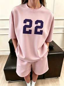 女款兩件套，純色運動短褲與數字印花圓領T恤，休閒穿搭/夏季、畢業、海灘 粉色優雅 - 粉色 - 查看 5