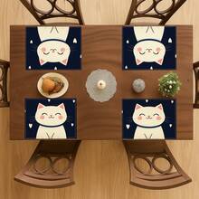 2pcs Cute Smiling White Cat Pattern Placemats, Japanese Cartoon Sweet Style, Heat Resistant Easy To Clean Washable, Suitable For Kitchen Home Indoor Outdoor Tabletop Coffee Bar Dining Table Tea Party - Navy Blue - View 4