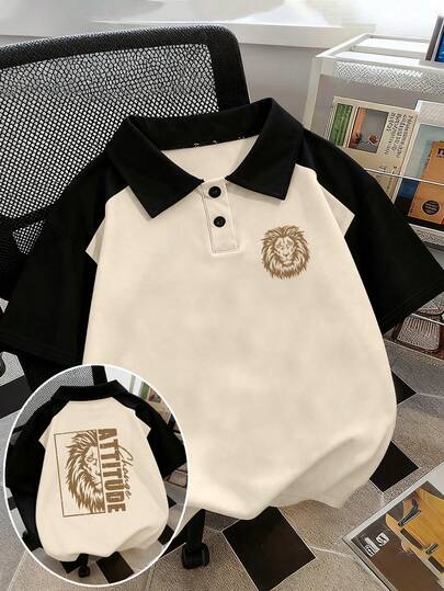 1件男童休闲宽松短袖polo衫，金色狮头印花，适合青少年及以上年龄儿童。