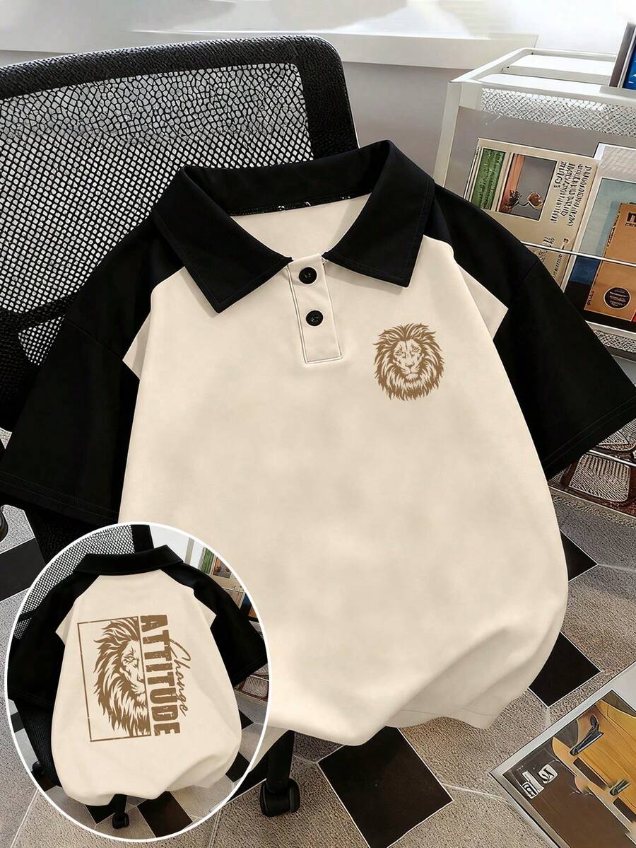 1件男童休闲宽松短袖polo衫,金色狮头印花,适合青少年及以上年龄儿童。 - 杏色 - 查看 1