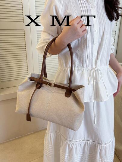 Fashionable Large Capacity Women's Handbag, Stylish Pendant Shoulder Bag, Underarm Bag, Retro Linen Tote Bag, New Fashionable Dual-Handle Solid Color Fabric Portable Square Bag Suitable For Travel, Shopping And Commuting, Retro Buckle Shoulder Crossbody Bag, Large Capacity Handbag