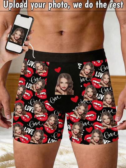 1pc Customizable Men's Boxer Briefs, Black Shorts, Comfortable Breathable Printed Boxer Briefs, Ideal Gift For Husband And Girlfriend On Christmas, Valentine's Day, Birthday