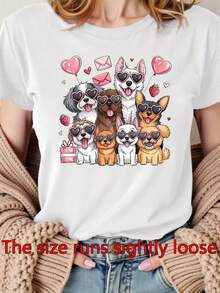 Cute Puppies And Hearts Women's T-Shirt With Glasses - Short Sleeve Crew Neck Casual Blouse Top, Dog Lover Outfits Suitable For Daily Wear, Spring Summer Outfits And Holiday Gift, Machine Washable Puppy Print Shirt - 白色 - 查看 1