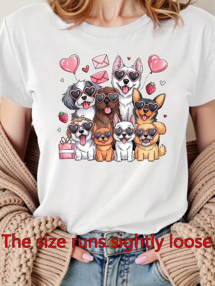 Cute Puppies And Hearts Women's T-Shirt With Glasses - Short Sleeve Crew Neck Casual Blouse Top, Dog Lover Outfits Suitable For Daily Wear, Spring Summer Outfits And Holiday Gift, Machine Washable Puppy Print Shirt - 白色 - 查看 1