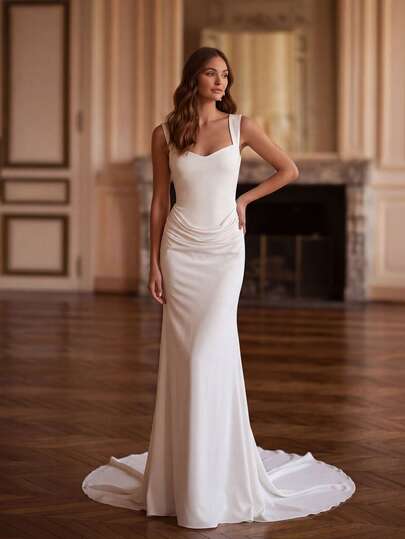 Basrey Elegant Sleeveless Sweetheart Neck Knit Maxi Bridesmaid Dress With Draped Open Back Design, Suitable For Parties Wedding White
