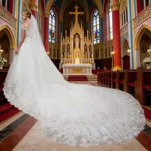 2026 Hot  A Super Large Sparkling Sequin Lace Wedding Veil, Cathedral Train Bridal Veil, Suitable For Weddings And Churches - 白色 - 查看 2
