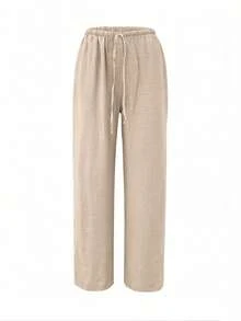 Spring/Summer Women's Loose Drawstring Waist Wide Leg Pants, Lightweight Breathable Casual Long Pants, Apricot, Vacation Wear - Apricot - View 5