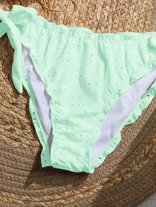 Summer Sweet Flirty Ruffled Halter Bikini Set, Beach Vacation Party Swimwear With Triangle Bottoms And Side Tie - Light Green - View 4
