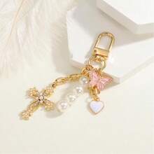 1pc Cross, Heart, Butterfly Decorated Keychains, Keyrings, Bag Charms, Car Key Rings, Accessories For Women - Gold - View 7