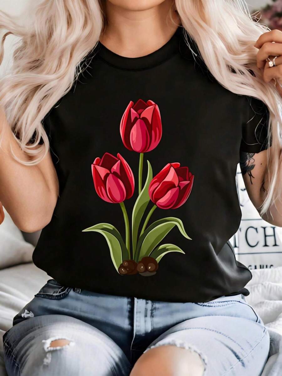 Women's Black Tulip Print T-Shirt with Red Floral Design - Soft Breathable Short Sleeve Crew Neck Casual Top, Loose Fit Graphic Tee for Summer, Beach, Parties & Casual Attire - Unisex Style Comfortable All-Season Shirt, Ideal Gift (H-Line Regular Fi
