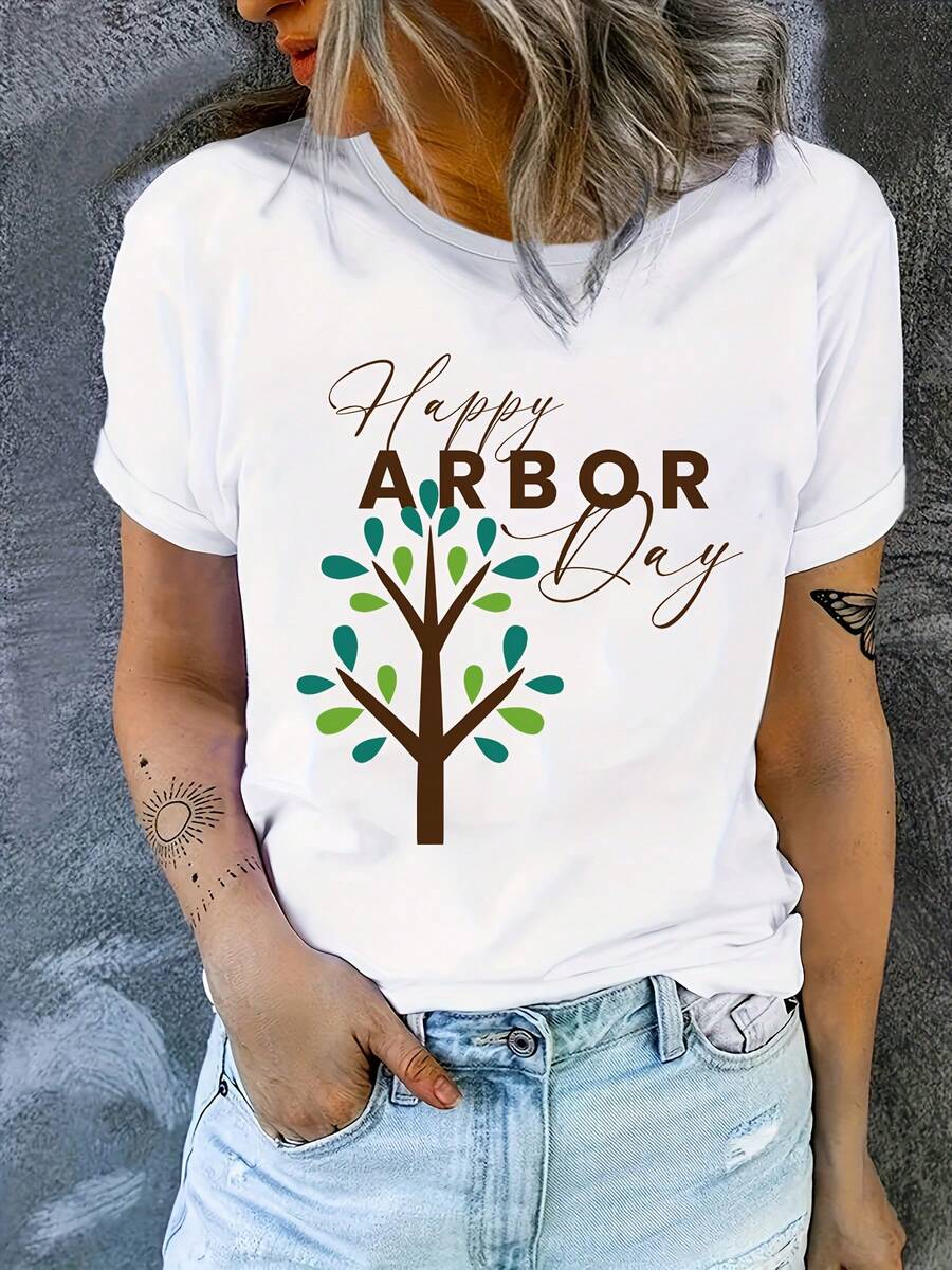 Casual Loose-Fit Arbor Day Graphic T-shirt de las mujeres - Happy Arbor Day Tree Print, tela transpirable, cuello redondo de manga corta para el salón, al aire libre y el trabajo, comodidad de verano lavable a la máquina, ropa de trabajo, tee de ajuste relajado, tela duradera