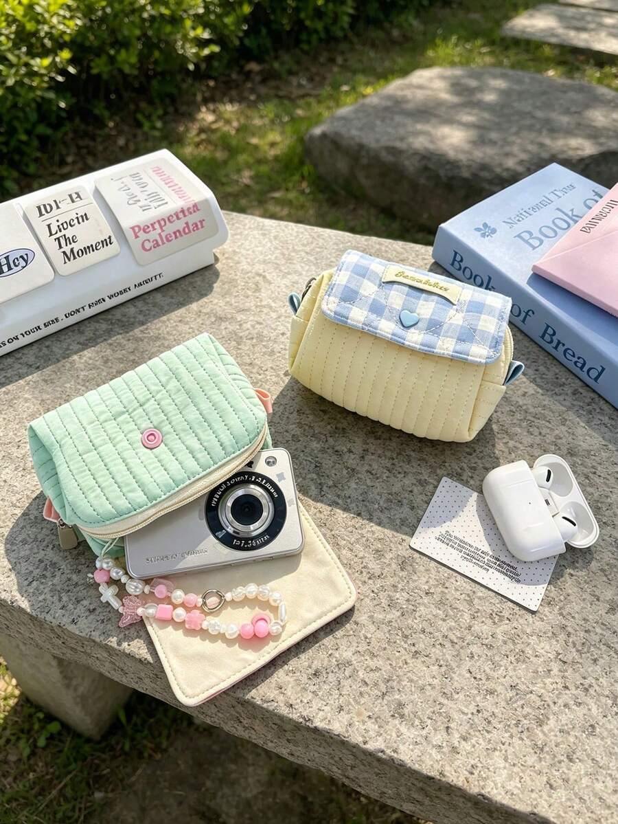 1個拼色絎縫相機包 拉鍊式CCD收納袋 拍立得相片收納袋 相機保護套 柔軟材質 防摔防塵 小包 - 彩色 - 查看 1