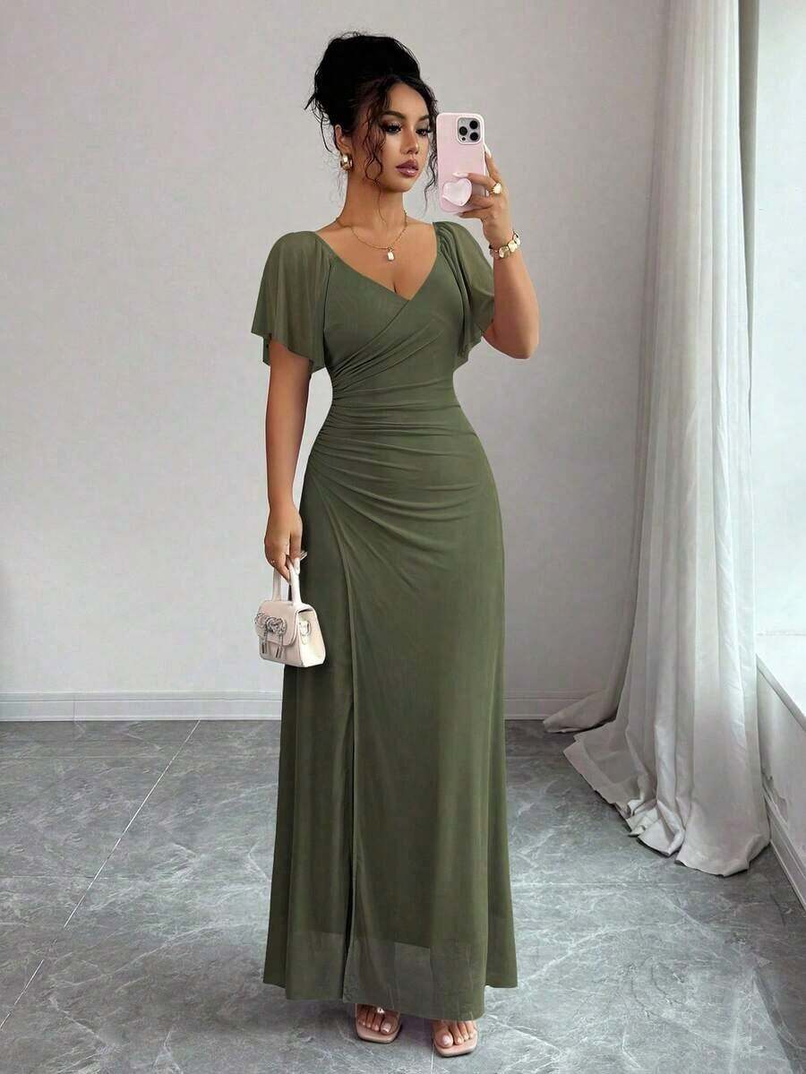 Vestido morado claro con cuello en V, mangas con volantes, cintura plisada y abertura, vestido elegante de dama de honor, vestido de fiesta, primavera/verano - Verde militar - Ver 1