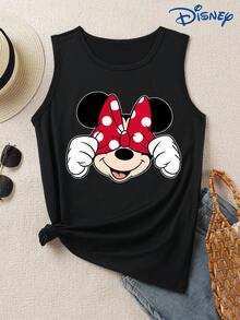 Disney 1件装女士迪士尼米妮图案印花背心，时尚女士背心，圆领略带弹性，适合日常穿着，易打理面料，休闲女士背心 - 黑色 - 查看 1