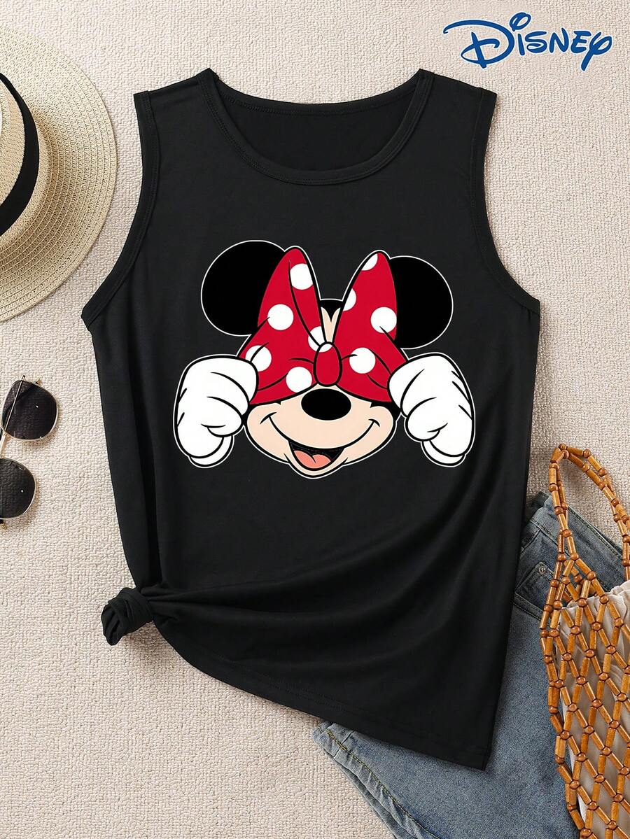 Disney 1件装女士迪士尼米妮图案印花背心，时尚女士背心，圆领略带弹性，适合日常穿着，易打理面料，休闲女士背心 - 黑色 - 查看 1