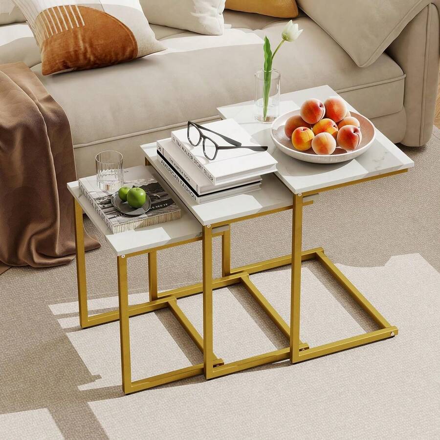 Nesting Coffee Table Set Of 3, Stackable Square End Table W/Faux Marble Tabletop & Heavy-Duty Metal Frame, Farmhouse C-Shaped Accent Table For Small Space, Living Room, Bedroom (White Gold) - 白金 - 查看 1