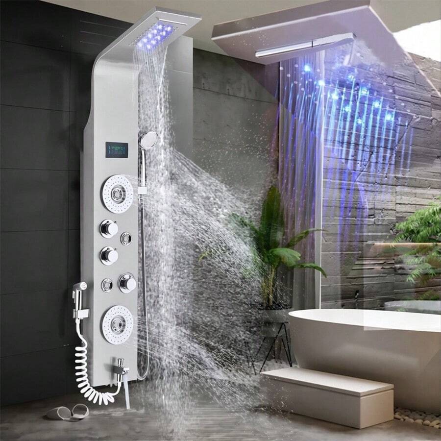 LED Shower Panel Tower System, Bathroom 6 In 1 Black Stainless Steel Shower Panel With Rainfall & Waterfall Shower Head, Handheld Shower, Body Jets, Bidet Sprayer, Temperature Display, Wall Mounted - Brushed Nickel - View 1