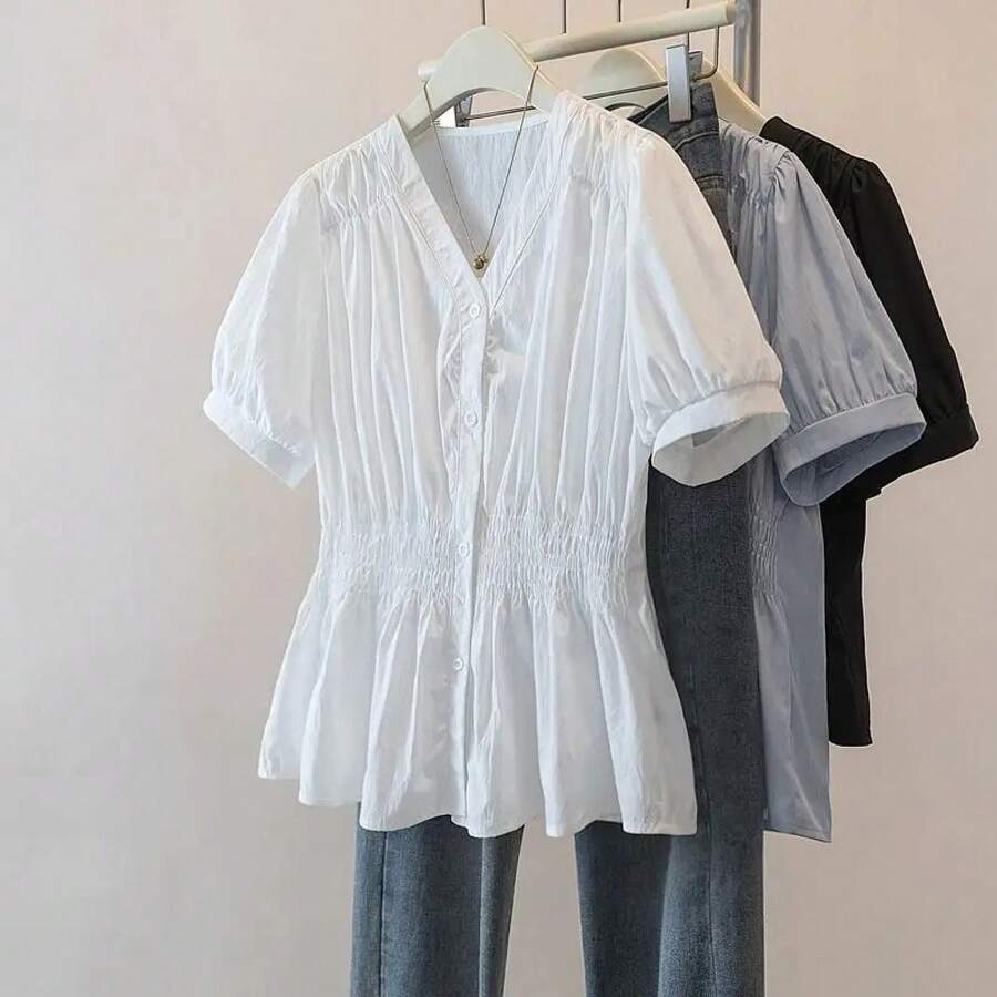 200 libras de talla grande cintura elástica Oficina señora  camisa y blusa de manga corta Top sólido ropa de mujer con cuello en V francés Chic - Blanco - Ver 1