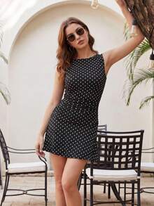 Women's Fitted Ruched Tank Mini Dress - Polka Dot Or Solid Color, Sleeveless Short Ruffled For Daily, Office  Party - Multicolor - View 4