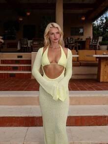 PARA BELLEZA Nuevo vestido maxi de punto con cintura ajustada, escote en V profundo y calado, en color verde, adecuado para la playa, el mar y las vacaciones de verano - Amarillo claro - Ver 7