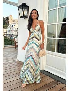 Women's Boho Print Maxi Dress Spaghetti Strap V Neck Summer Beach Vacation Dress - 綠藍 - 查看 8