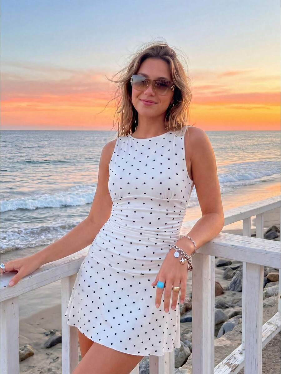 Women Mini Tank Dresses Slim Fit Ruched Dot Print/Solid Color Sleeveless Short Ruffled Dress For Daily Office Party - White Polka Dots - View 1