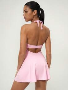 TimeOff 1pc Women's Lace Halter Backless Slit Dress With Lining, Pockets, Sports Dress - Pink - View 3