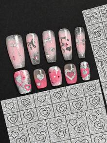4pcs Classic Shiny Gold Nail Art Stickers, Self-Adhesive Nail Decals With Glitter, Star, Heart, Bow, Line Designs For Nail Art Decoration - Multicolor - View 2