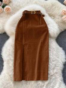Falda de pana con bolsillos y abertura con cinturón para mujer en color caqui - Marrón Mocha - Ver 1