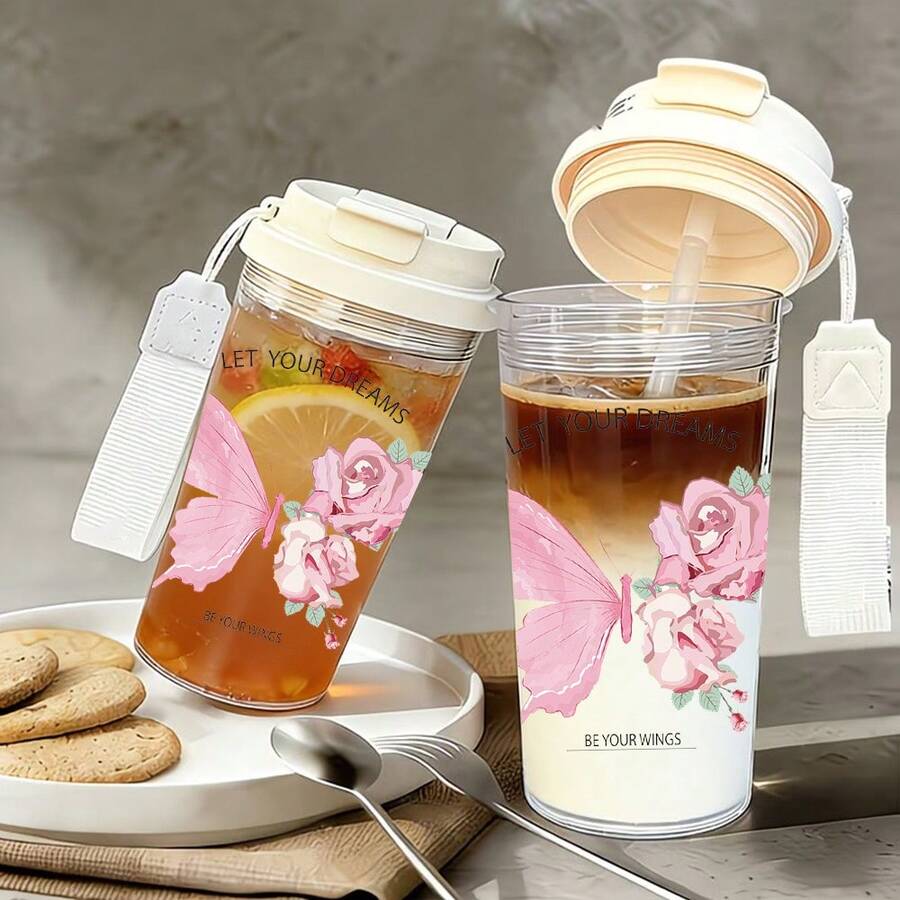 1/5 个 500ml 浪漫蝴蝶玫瑰印花塑料杯，带吸管、挂绳和防漏盖，透明冰咖啡杯，印有励志名言“让你的梦想成为你的翅膀”，非常适合日常使用，也是送给女孩的理想情人节礼物。 - 多色-蝴蝶玫瑰 - 查看 1