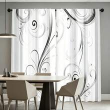 2pcs Black & White Scroll Pattern Semi-Blackout Curtains, No-Drill Rod Pocket Design, Style For Living Room, Kitchen, Home Decor, Polyester Fabric, Machine/Hand Washable - Multicolor - View 2