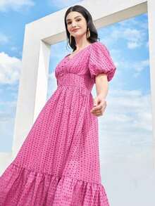 Vestido midi rosa de verano para mujer, cuello en V, mangas farol y bordado calado, estilo romántico y fresco - Rosa Fucsia - Ver 3