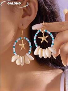 Khuyên tai vòng kiểu Bohemian hình sao biển và vỏ sò, khuyên tai tròn đính hạt thủ công, phong cách mùa hè dành cho nữ. - bông tai mặt dây chuyền hình tròn - Xem 6