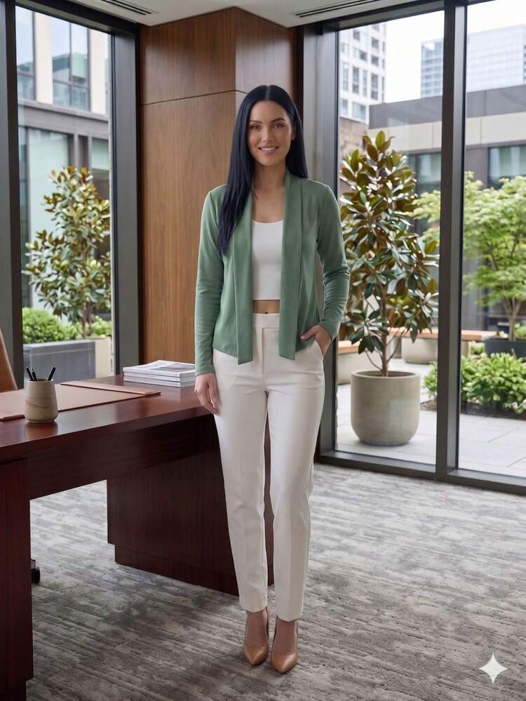 Women's Long-Sleeved Open Cardigan - Versatile, Stylish, In Viscose/Lycra Knit. Ideal For Casual And Work Looks. - Màu xanh Bạc hà - Xem 4