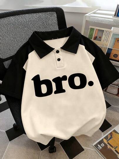 1pc Bro Print Polo Collar Short Sleeve T-Shirt, Casual Loose Fit Sports Tee For Teenage Boys, Perfect Summer Gift, Suitable For School And Outdoor Wear In Spring/Summer