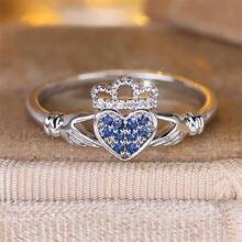 1 chiếc nhẫn Claddagh đính đá CZ xanh dương, nhẫn đính ước hình trái tim vương miện mạ bạc, trang sức kiểu Ireland dành cho nữ. - Màu xanh lam - Xem 3