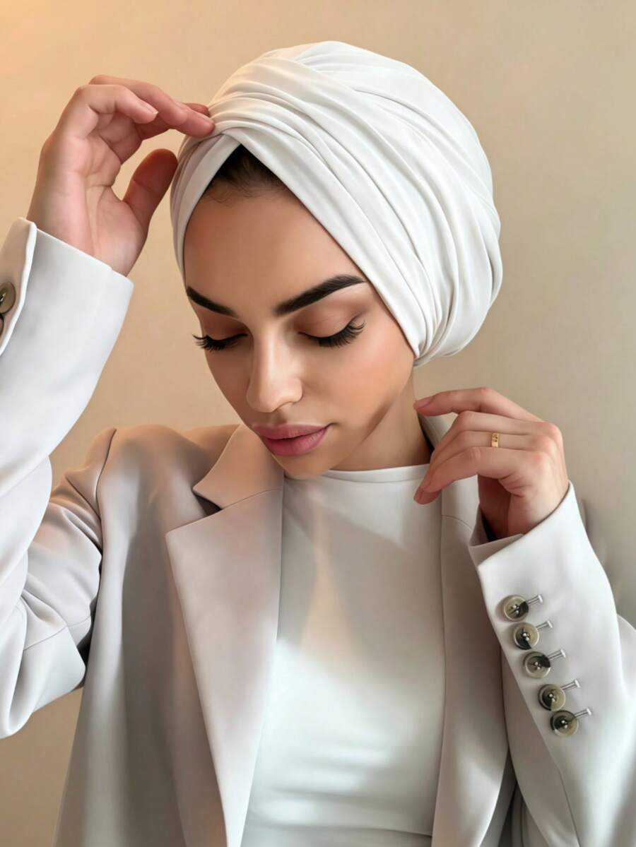 1pc Women's Classic Solid Color Chemo Turban, High Elasticity Pleated Design, Anti-Slip Breathable Fabric, Multilayer Pleated Headwrap For Hijab, Soft Comfortable Modal Knit Material, Suitable For Daily Wear,Accessories,Holiday - White - View 1