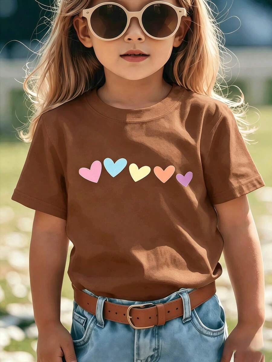 Top de manga corta sencillo, informal y bonito con estampado para niños, ideal para el verano. - Marrón - Ver 1