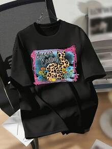 Happy Easter Leopard Print Bunny Women'S Casual Short Sleeve Top | Comfortable Fit, Sisters Dress, Necessary For Outdoor Travel, Spring And Summer Tshirt - 黑色 - 查看 1