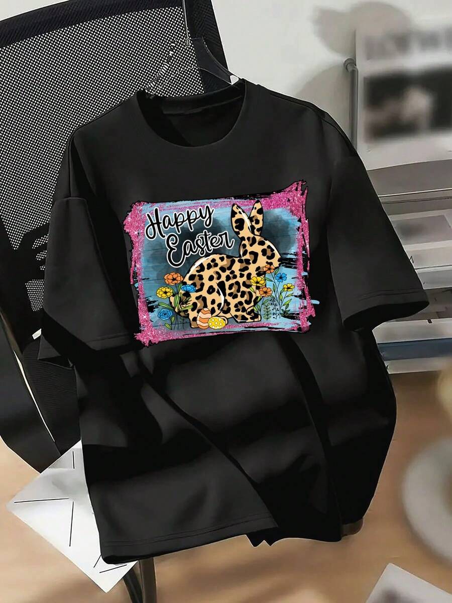 Happy Easter Leopard Print Bunny Women'S Casual Short Sleeve Top | Comfortable Fit, Sisters Dress, Necessary For Outdoor Travel, Spring And Summer Tshirt - 黑色 - 查看 1