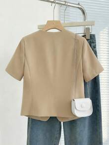 Women's Summer Office & Casual Solid Color V-Neck Single-Breasted Short Sleeve Blazer Jacket With Lining - Khaki - View 2