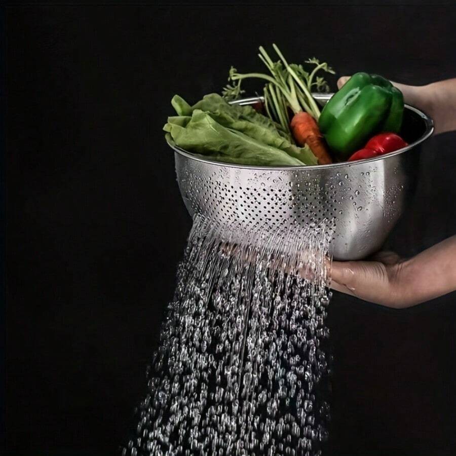 不锈钢食物滤水碗 - 倾斜式微孔洗碗盆，厨房滤网沥水篮，适用于清洗蔬菜、水果、豆类和意面