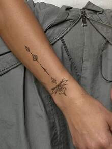 1 pieza Pegatina, Dibujo de línea simple de loto, flores, corazones, estrellas, luna, Colección de pequeños elementos en inglés, Pegatina de tatuaje temporal, resistente al agua, resistente al sudor, adecuado para brazos, abdomen, no reflectante, tatuaje realista, adecuado para personas, uso diario, puede durar de 3 a 5 días - Negro - Ver 5