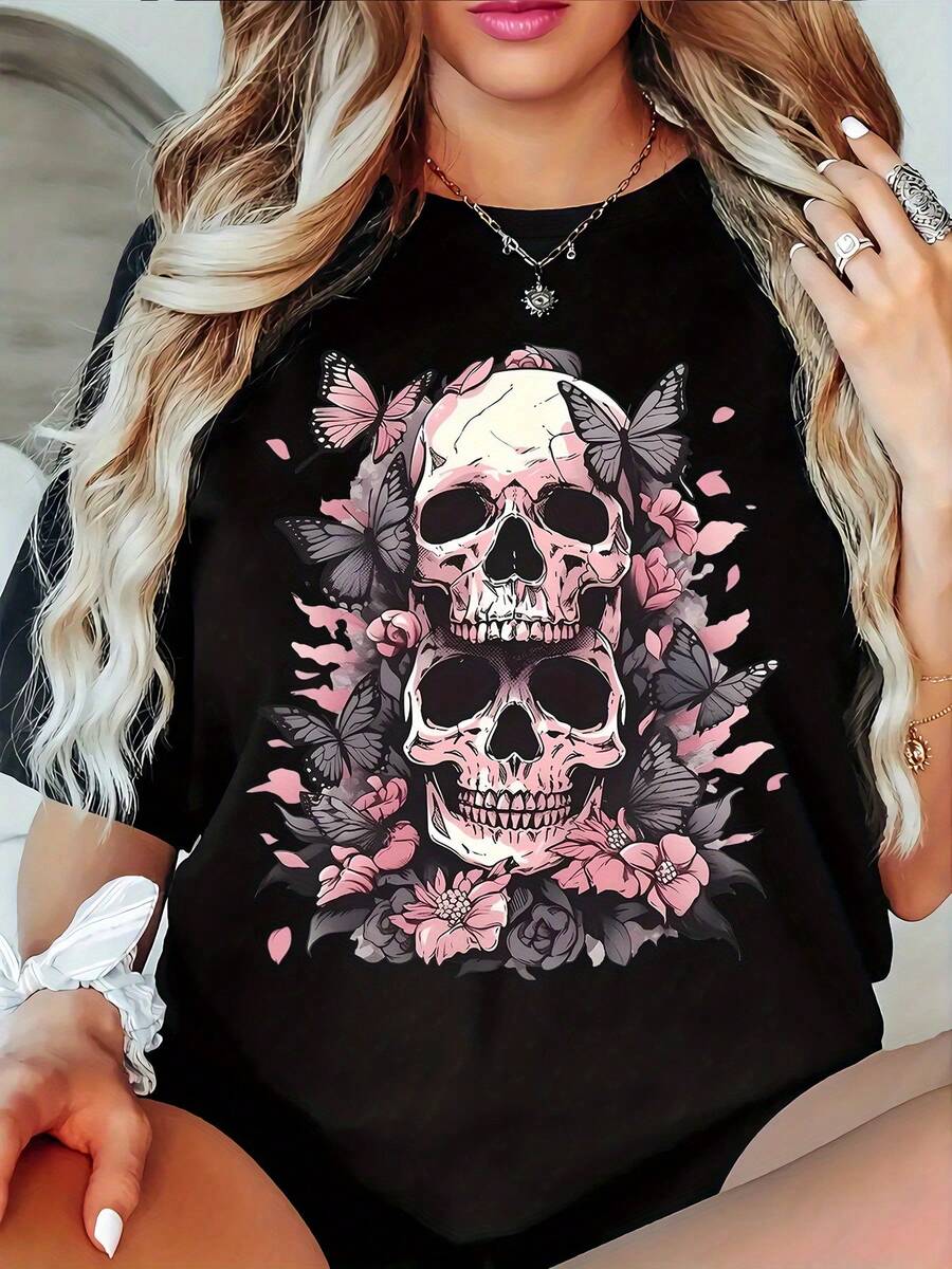 Plus Size, Print Plus Size Women's Casual T-Shirt, Round Neck, Short Sleeved, Slightly Elastic Fabric, Regular Style, Comfortable Top For All Seasons Women Clothes - 黑色 - 查看 1