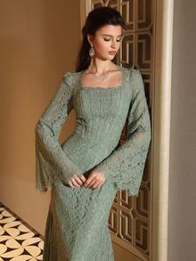 Gaun Formal Wanita Warna Polos Elegan dengan Potongan Pinggang yang Rapi, Cocok untuk Berbagai Acara, Gaun Malam Mewah - Mint Green - View 5