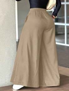 Pantalones anchos y sueltos de unicolor y casual para mujer, elegantes y minimalistas para la primavera - Caqui - Ver 7