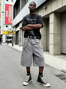 GlobeSwift Men's Denim Embroidered Graphic Print Shorts - Grey - View 5